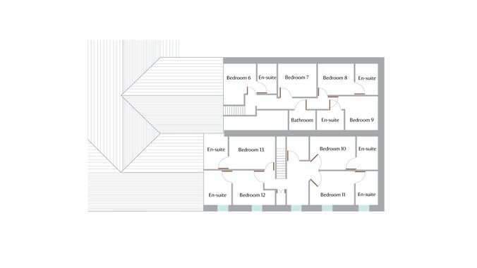The first floor plan for Swan Group House, showing seven bedrooms with en-suites, another bedroom and a bathroom.
